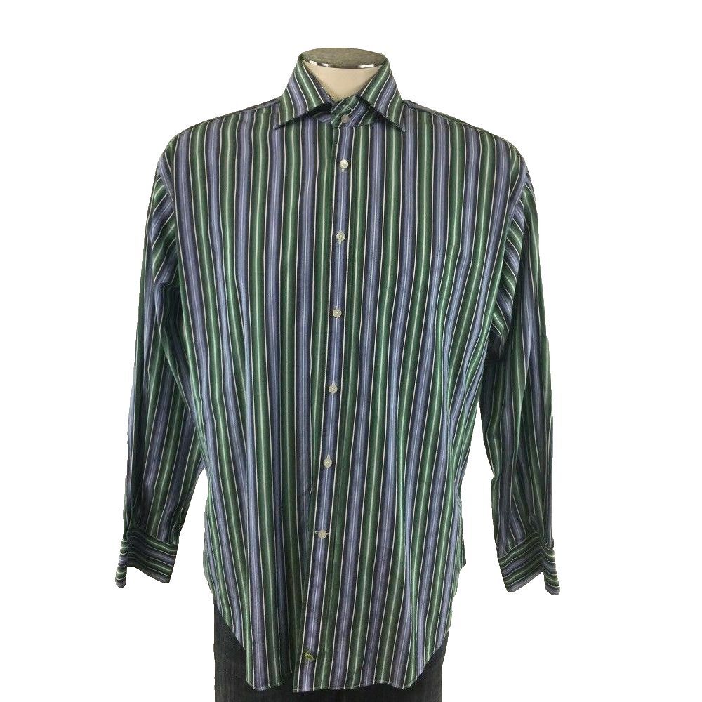 Tailorbyrd Button Front Shirt L Blue Green Black White Stripe‎ Mens